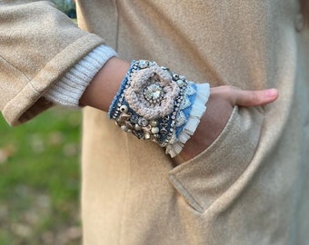 Handmade Bejewelled Denim Cuff Bracelet with Embroidered Flowers and Crystal Embellishments, Agate Beads, Mother's Day Gift, Gift For Mom