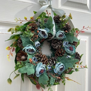 Teal Blue Peony Wreath, Natural Small Wreath, Lighted Candle Wreath, Pine Cone wreath, Mother&#39;s Day Gift, Faux Mixed Greenery Wreath,
