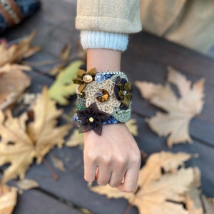 Boho Chic Floral Fabric cuff Bracelet, Embroidered Flowers Cuff, Fabric Wrist Cuff, Jewelled  Fabric  Cuff, Women Birthday Gift for Her