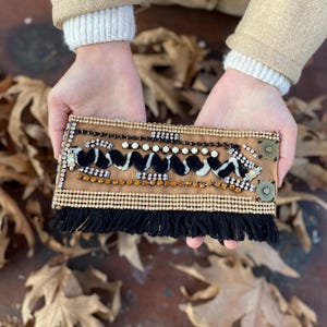 Handmade Boho Fabric Bracelet: Jeweled Brown Textile Cuff with Tassels