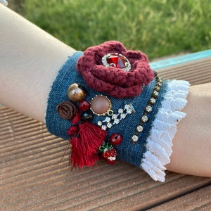 Handmade Cuff Bracelet with Crochet flower, Bejewelled Denim Cuff, Fabric Lace Bracelet, Hand-embroidered Bracelet, Vintage Wrist Bracelet