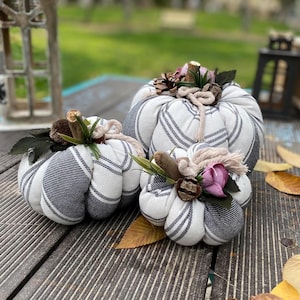 Blue Ticking Striped Fabric Pumpkins, Halloween Decoration, Pumpkin Thanksgiving Decor, White Neutral Stuffed Pumpkins, Farmhouse Fall Decor