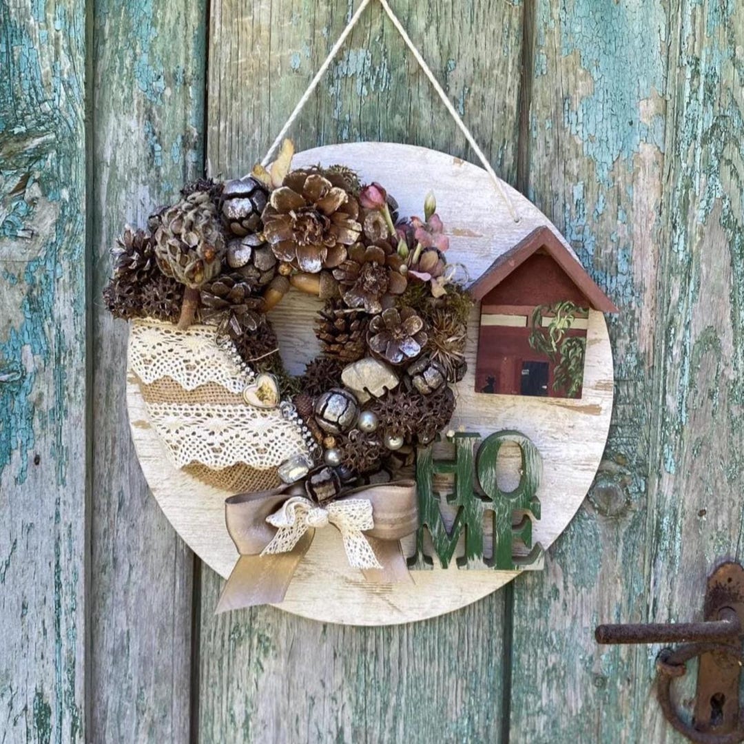 View of Rustic Pine Cone Wreath: Farmhouse HOME Decor Door Hanger - Etsy