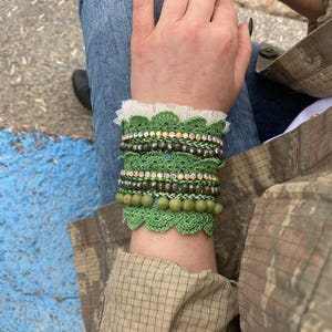 Crocheted Lace Cuff Bracelet, Green Wide Wrist Cuff, Bejewelled Fabric Cuff Bracelet, Lolita Cuff Bracelet,