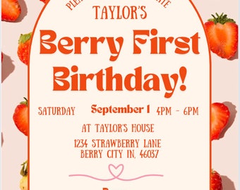 Berry Birthday Editable Invitation, Summer Birthday Party Evite, Text Invitation, Strawberry Invitation, Electronic Invite, Digital Invite