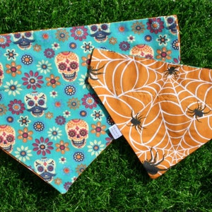 Reversible Halloween Dog Bandana: Sugar Skull & Spider Web Over-Collar