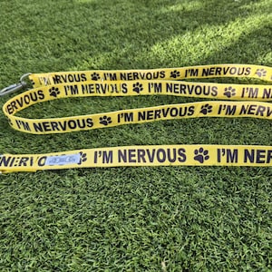 May include: Yellow dog lead with the text "I'M NERVOUS" in black, repeated with paw print icons. The lead has a metal clasp and a ring for attachment. The lead is lying on green grass.