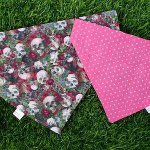 Skull + Roses Pink Halloween Dog Bandana -  Over Collar & Reversible. Cat Bandana