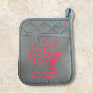 I Love cooking with Wine Pot Holders with Pocket Witty Saying, Funny Pot Holders