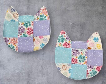 Handmade Quilted Cat Mug Rug | Pastel Easter Spring Decor, Cat Lover Gift