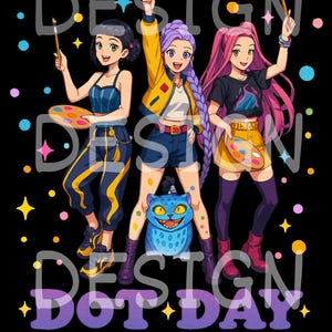 May include: An illustration featuring three anime-style figures holding paintbrushes and palettes, with the text "DESIGN DOT DAY" overlaid. The figures are surrounded by colorful dots and stars, with a blue cat-like creature in the center.