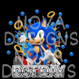 May include: A graphic featuring Sonic the Hedgehog with a dynamic pose, surrounded by golden rings and blue orbs against a colorful splash. The text "DOT DAY" is displayed in a metallic font, set against a black background.