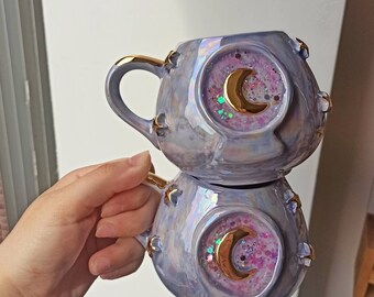 Magıc Moon Lilac / 24 K Gold Handmade Ceramic Mug