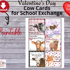 Cow Valentine card, digital download, Cow Valentine printable, kids Cows valentine, cow handout, valentine exchange, cute cows, cow gift image 1