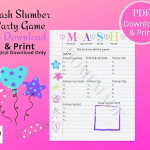 MASH Printable Party Game - Instant Download Bridal Shower Sleepover ...