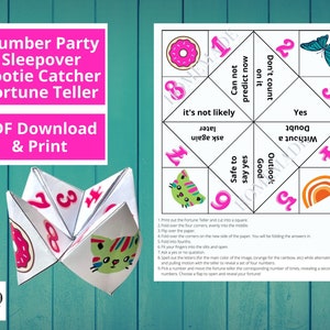Sleep over cootie catcher game, fortune teller game, party game. party favor, kids game, origami, instant download, printable game