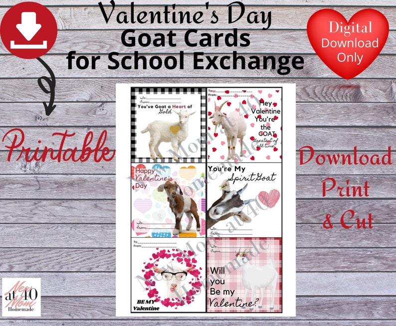 Goat Valentine card, digital download, Goat Valentine printable, kids Goats valentine, goat handout, valentine exchange, goat gift image 1