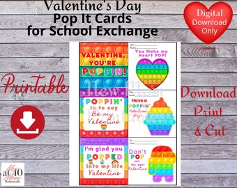 Pop It Fidget Valentine card, digital download printable kids valentine handout, valentine exchange Toy Valentine