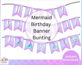 Printable Mermaid under the Sea Birthday Banner Bunting Happy Birthday Banner Birthday Bunting Birthday Supplies Birthday Decor