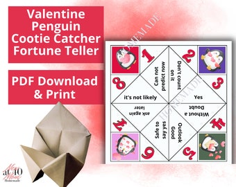 Valentines Day Penguin cootie catcher game, fortune teller, party game. party favor, kids game, origami, instant download, printable game
