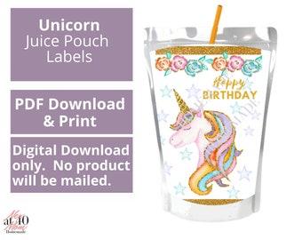 May include: A clear juice pouch with a unicorn design, gold glitter accents, and the words "Happy Birthday." The pouch has a straw and is decorated with flowers and stars. Text on the left says "Unicorn Juice Pouch Labels."