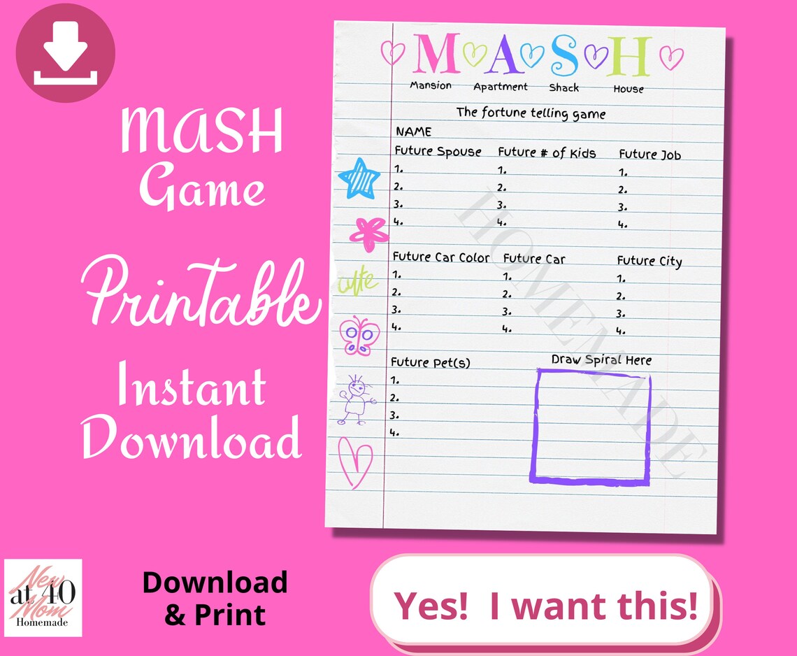 MASH Printable Party Game Instant Download Bridal Shower Sleepover