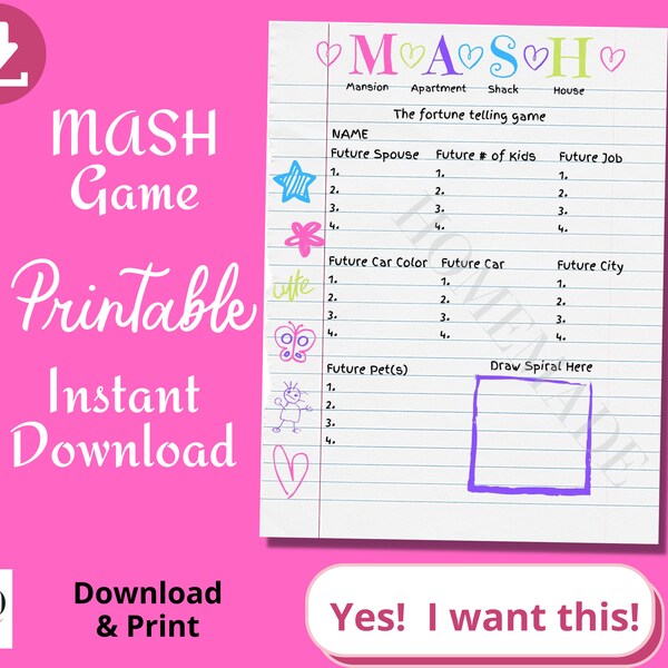 MASH Printable Party Game - Instant Download Bridal Shower Sleepover Slumber Party Bachelorette Game 80s game nostalgia