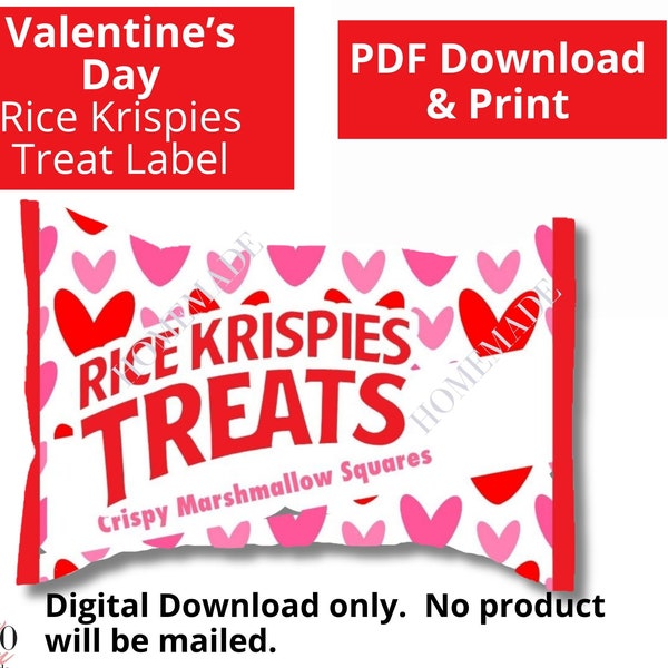 DIGITAL DOWNLOAD Valentine's Day Theme Rice Krispies Treats Labels Printable, hearts, love, rice krispie treat bag, box, Valentine's gift