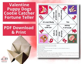 Valentines Day Puppy Dog cootie catcher game, fortune teller, party game. party favor, kids game, origami, instant download, printable game