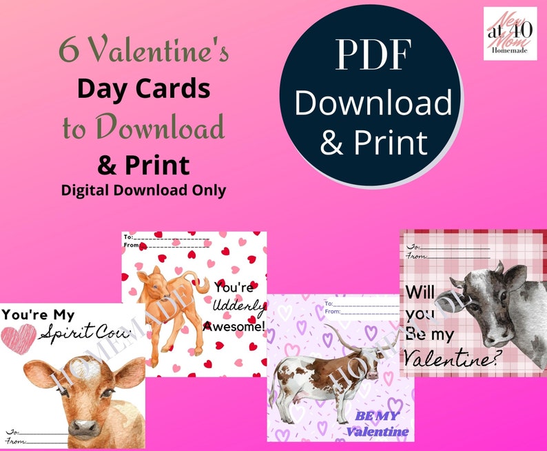 Cow Valentine card, digital download, Cow Valentine printable, kids Cows valentine, cow handout, valentine exchange, cute cows, cow gift image 2