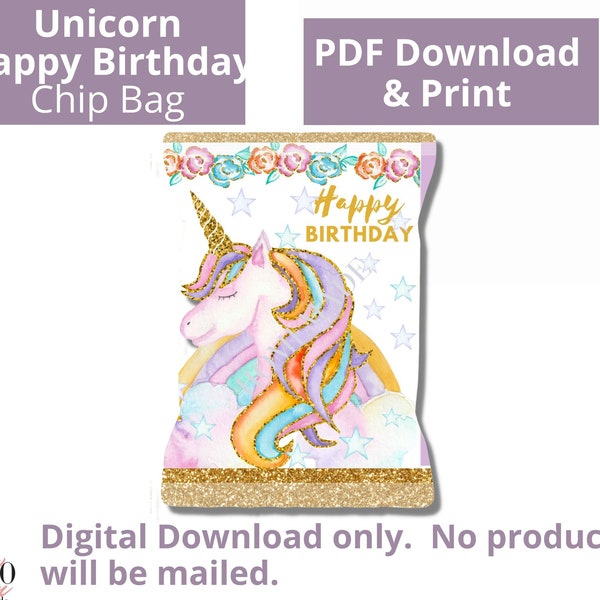 DIGITAL DOWNLOAD Unicorn Theme Chip bag Labels Printable, unicorn treat bag, treat box, instant download, party favor