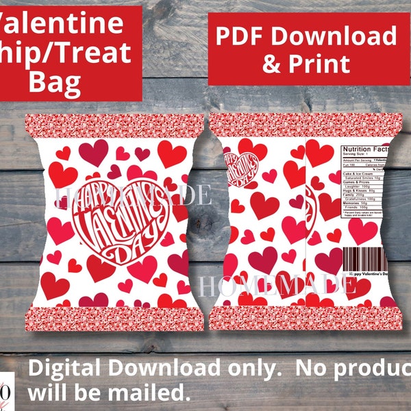 DIGITAL DOWNLOAD Valentine Red Hearts Theme Chip bag Labels Printable, treat bag, treat box, instant download, party favor