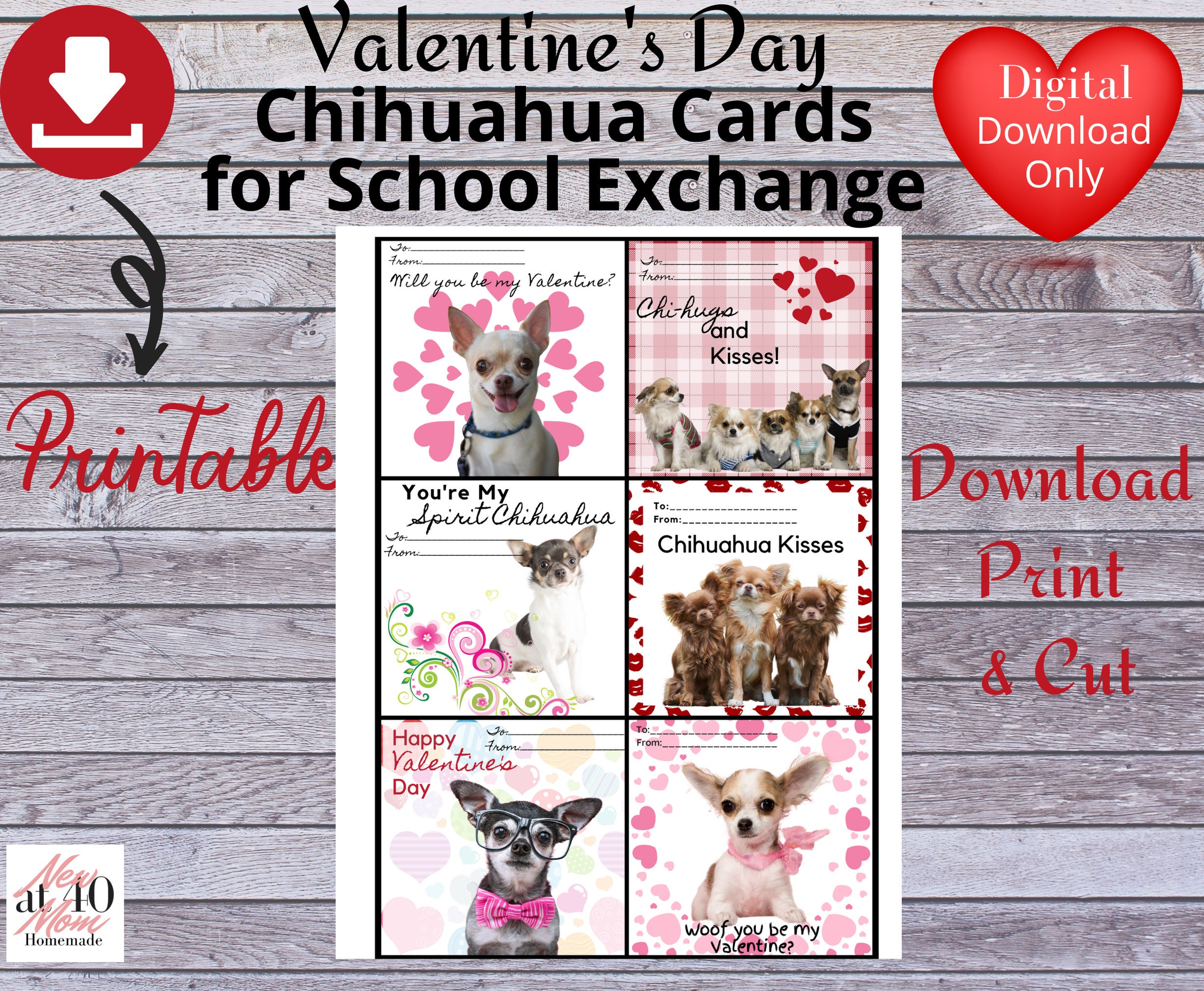 Chihuahua Dog Puppy Valentine Card, Digital Download, Chihuahua Dog
