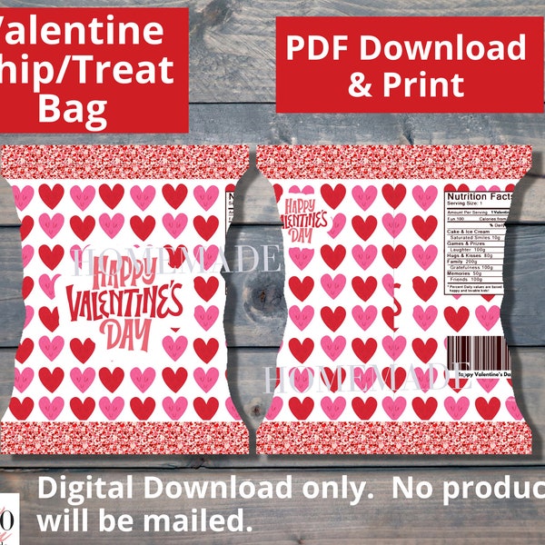 DIGITAL DOWNLOAD Valentine Pink Red Hearts Theme Chip bag Labels Printable, treat bag, treat box, instant download, party favor