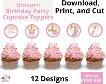 DIGITAL DOWNLOAD and Print Pink and Gold Unicorn Cupcake Toppers Printable, Unicorn cake topper, instant download, party decoration decor