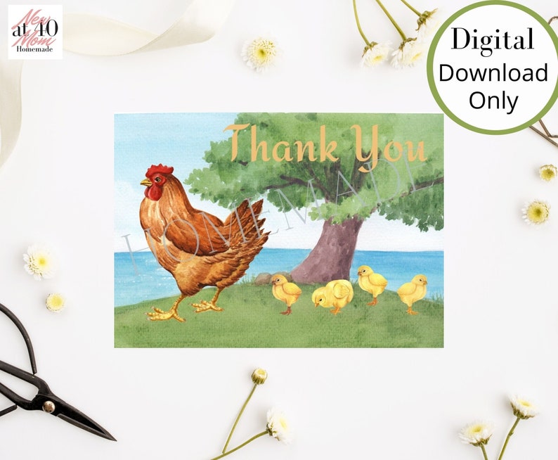 Hen and chicks thank you card, chicken thank you card, chicken card, hen card, chicks card image 1