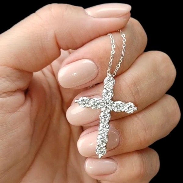 Moissanite Diamond Cross Necklace, Ice Cross in Sterling Silver, Cross Pendant