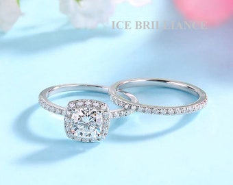 Certified 1 Carat Cushion Cut VVS Moissanite Diamond Halo Ring, Moissanite Engagement Ring, Moissanite Wedding Ring Set, Promise Ring