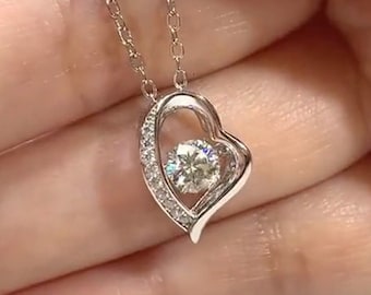 Certified VVS Moissanite Dancing Diamond Floating Heart Necklace in Sterling Silver, Floating Heart Necklace, Diamond Heart Necklace