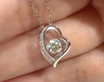 Certified VVS Moissanite Dancing Diamond Floating Heart Necklace in Sterling Silver, Floating Heart Necklace, Diamond Heart Necklace