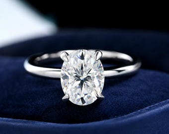2 Carat Four Prong Oval Moissanite Diamond Solitaire Engagement Ring with Hidden Halo, Promise Ring - Passes Diamond Tester