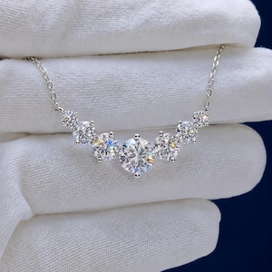 7 Stone Moissanite Necklace: Sterling Silver Floating Diamond Pendant