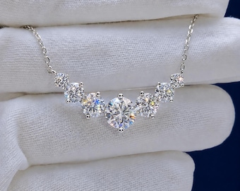 7 Stone Moissanite Necklace: Sterling Silver Floating Diamond Pendant