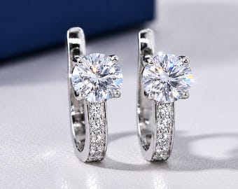 Moissanite Huggie Earrings, Sterling Silver Earrings, Diamond Huggies, Solitaire Hoop Earrings, Dainty Minimalist Jewelry, Gift for Her