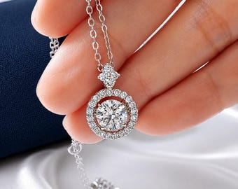 VVS Moissanite Dancing Diamond Pendant Necklace: Sterling Silver Gift for Her, Girlfriend Gift