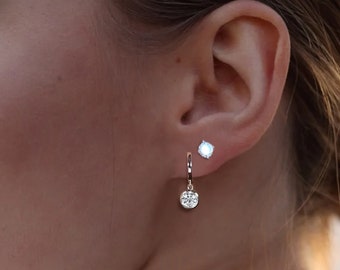 Moissanite Diamond Huggie Hoop Earrings: 14k Gold Plated Sterling Silver