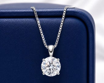 1 Carat Round Cut Moissanite Solitaire Necklace: Sterling Silver, Round Cut - Passes Diamond Tester