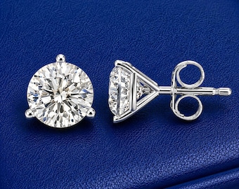 14K Solid Gold Moissanite Diamond Stud Earrings, Martini Style Round Cut, Yellow Gold or White Gold, Fine Jewelry Gift, VVS, D Color