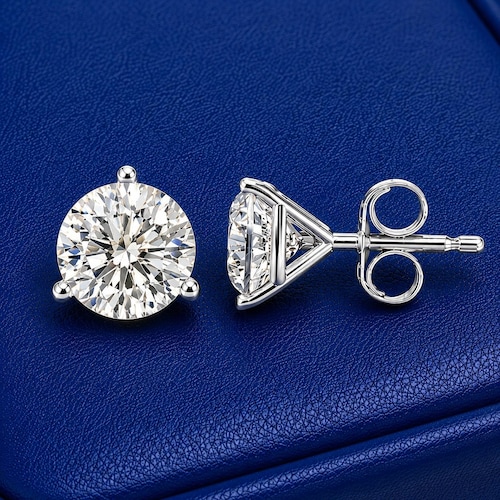 14K Solid Gold Moissanite Diamond Stud Earrings, Martini Style Round Cut, Yellow Gold or White Gold, Fine Jewelry Gift, VVS, D Color