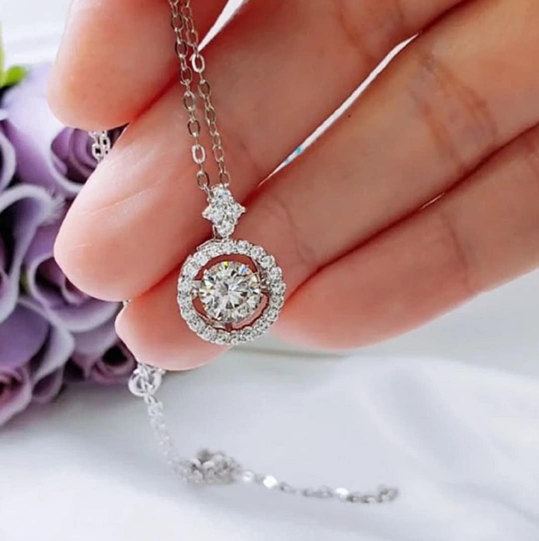 VVS Moissanite Dancing Diamond Pendant Necklace: Sterling